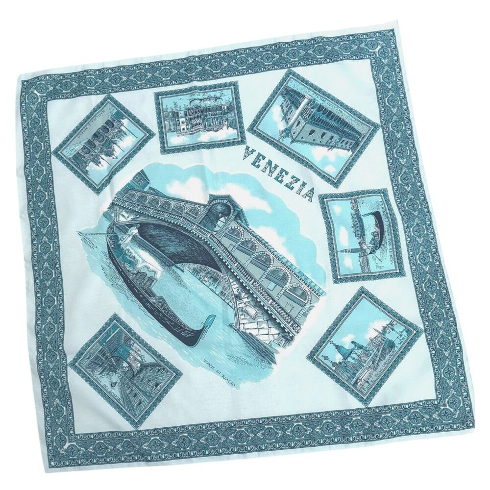 Vintage Italian Venezia Scarf 30 Inch Square Turquoise White Academia Style